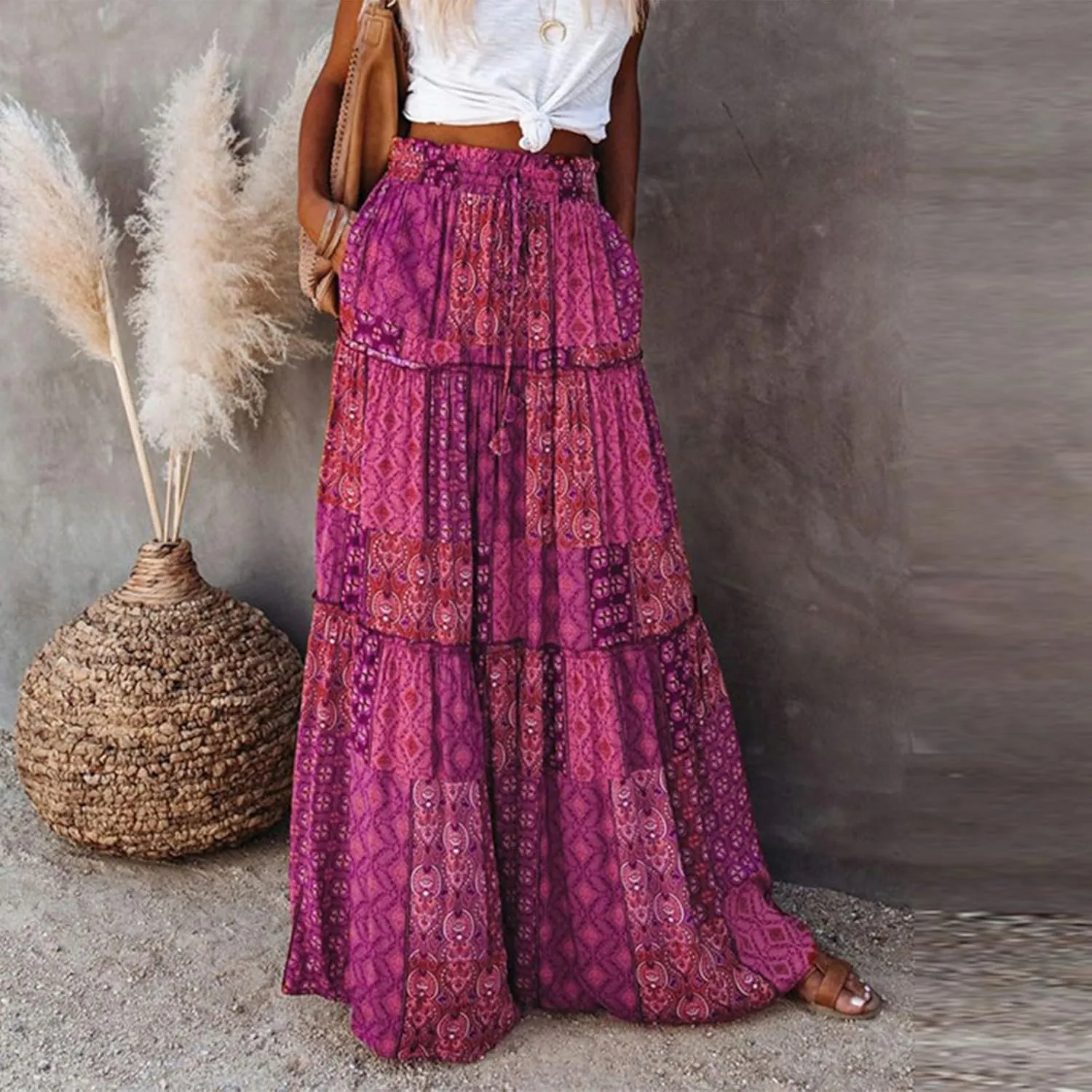 Skirts for Women,Elastic High Waisted Flowy Long Skirts 2025 Trendy Linen Womens Boho Maxi Skirt with Pockets