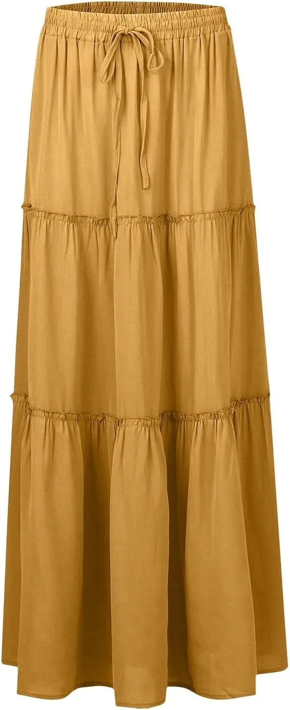 Skirts for Women,Elastic High Waisted Flowy Long Skirts 2025 Trendy Linen Womens Boho Maxi Skirt with Pockets