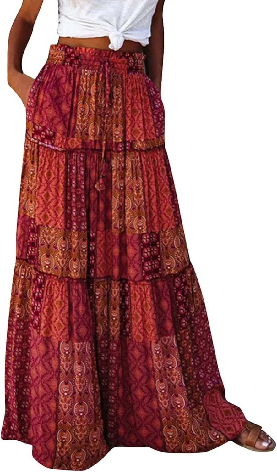 Skirts for Women,Elastic High Waisted Flowy Long Skirts 2025 Trendy Linen Womens Boho Maxi Skirt with Pockets
