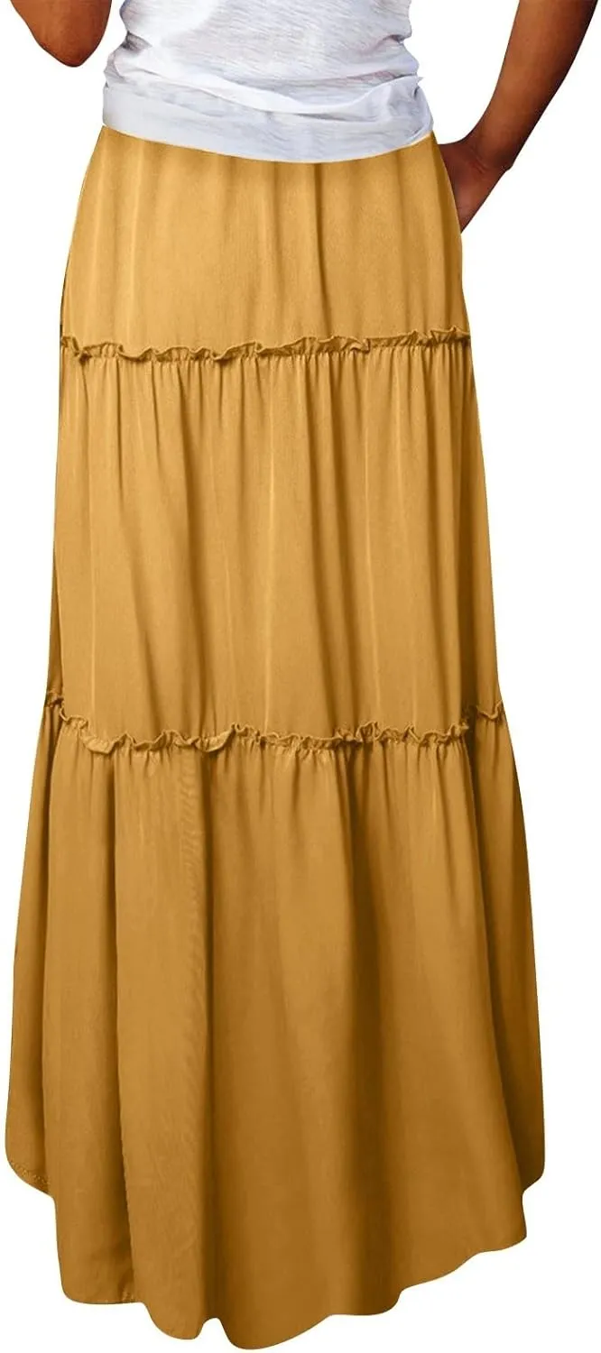 Skirts for Women,Elastic High Waisted Flowy Long Skirts 2025 Trendy Linen Womens Boho Maxi Skirt with Pockets