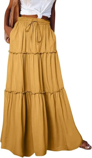 Skirts for Women,Elastic High Waisted Flowy Long Skirts 2025 Trendy Linen Womens Boho Maxi Skirt with Pockets