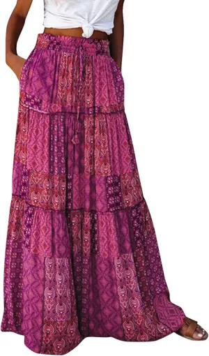 Skirts for Women,Elastic High Waisted Flowy Long Skirts 2025 Trendy Linen Womens Boho Maxi Skirt with Pockets