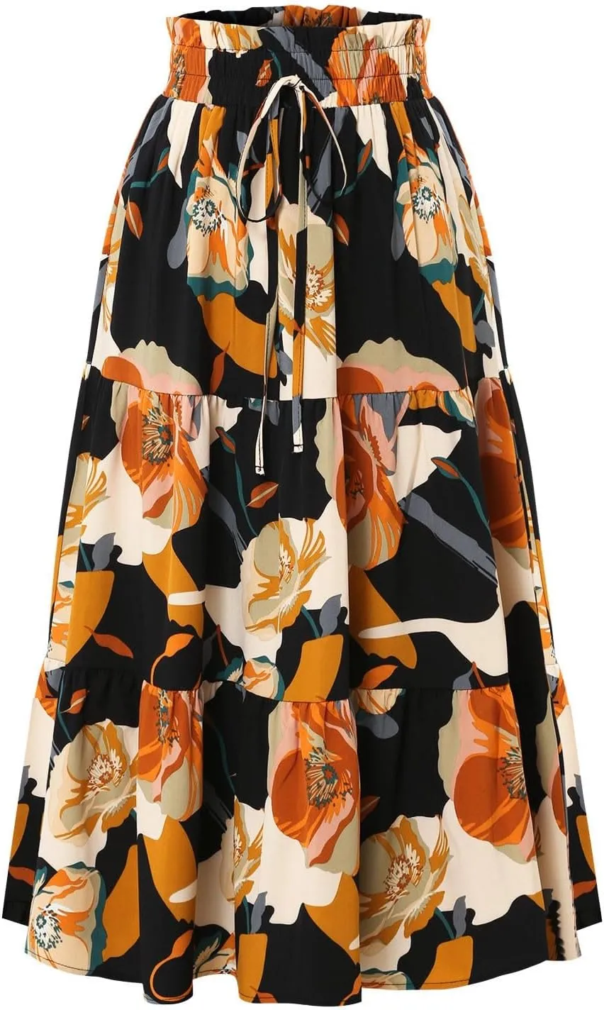 Skirts for Women,Womens Boho Maxi Skirt with Pockets Elastic High Waisted Trendy Flowy Long Skirts 2025 Linen