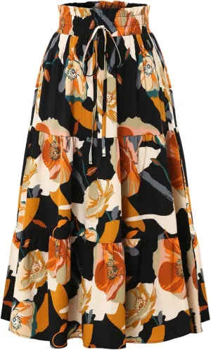 Skirts for Women,Womens Boho Maxi Skirt with Pockets Elastic High Waisted Trendy Flowy Long Skirts 2025 Linen
