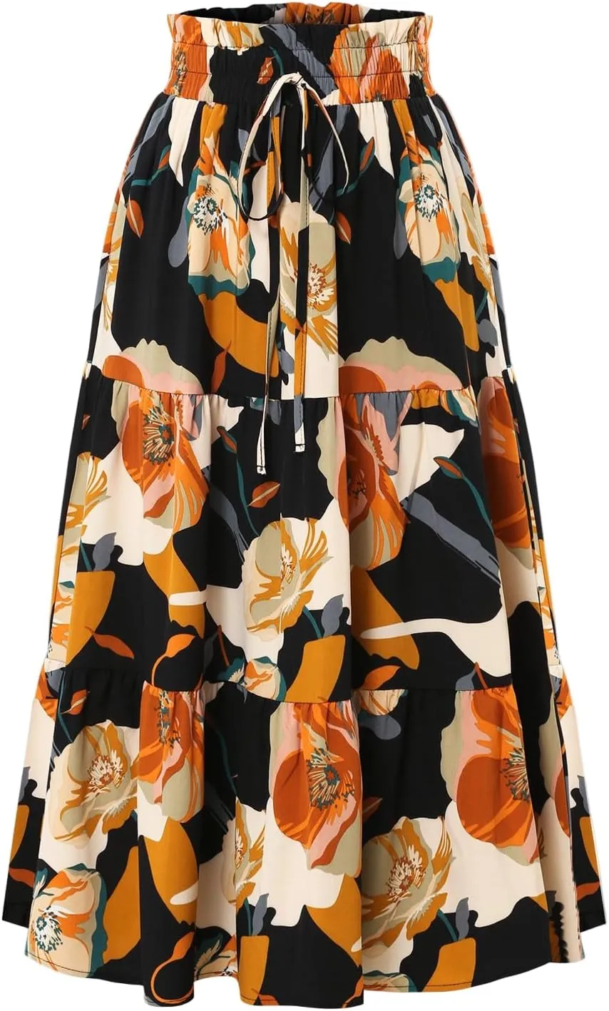 Skirts for Women,Womens Boho Maxi Skirt with Pockets Elastic High Waisted Trendy Flowy Long Skirts 2025 Linen