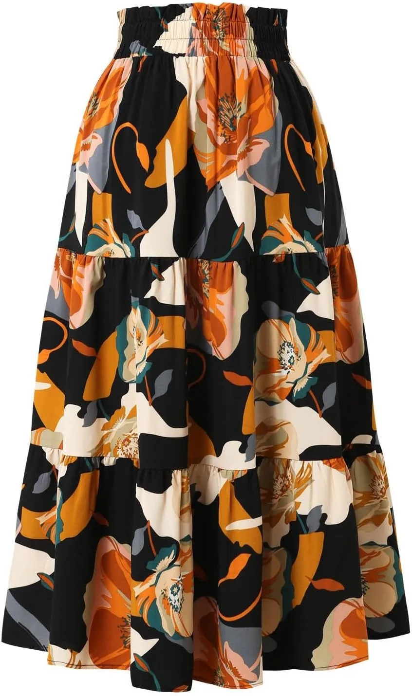 Skirts for Women,Womens Boho Maxi Skirt with Pockets Elastic High Waisted Trendy Flowy Long Skirts 2025 Linen