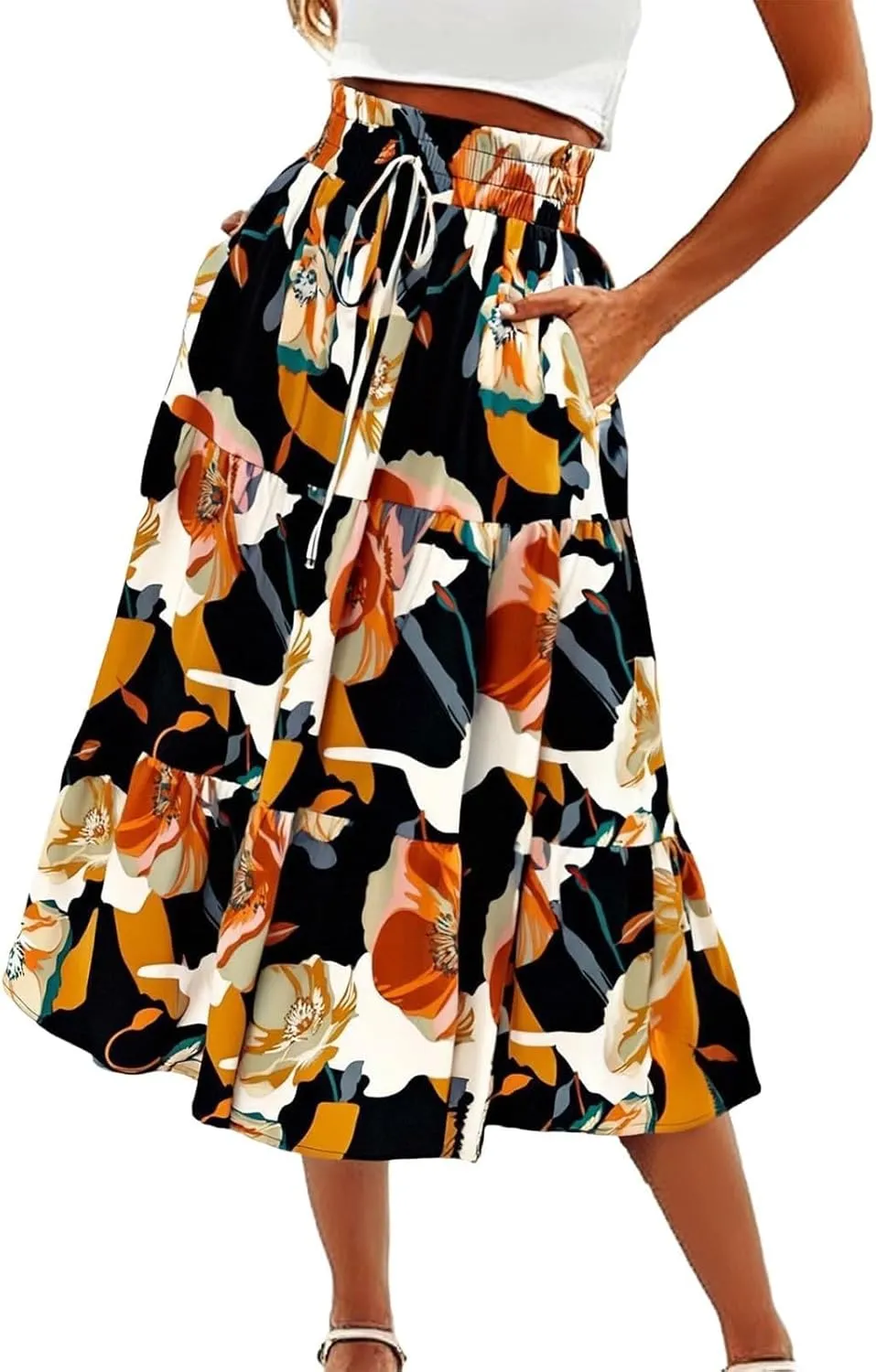 Skirts for Women,Womens Boho Maxi Skirt with Pockets Elastic High Waisted Trendy Flowy Long Skirts 2025 Linen