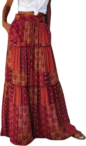 Skirts for Women,Womens Boho Maxi Skirt with Pockets Linen Flowy Long Skirts 2025 Elastic High Waisted Trendy