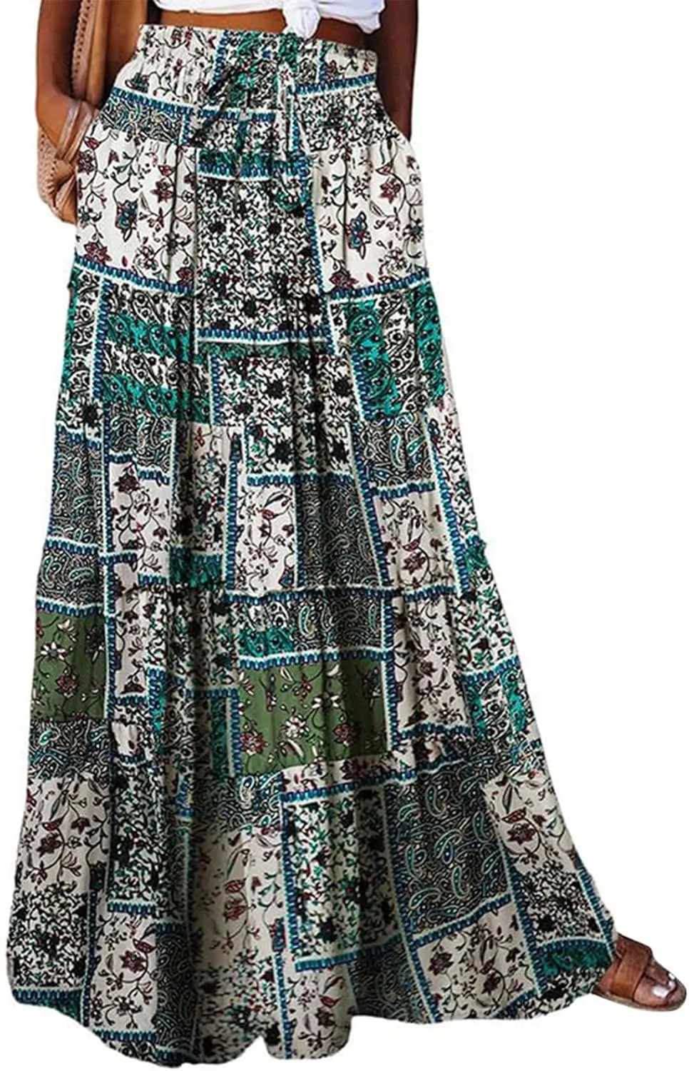 Skirts for Women,Womens Boho Maxi Skirt with Pockets Linen Flowy Long Skirts 2025 Elastic High Waisted Trendy