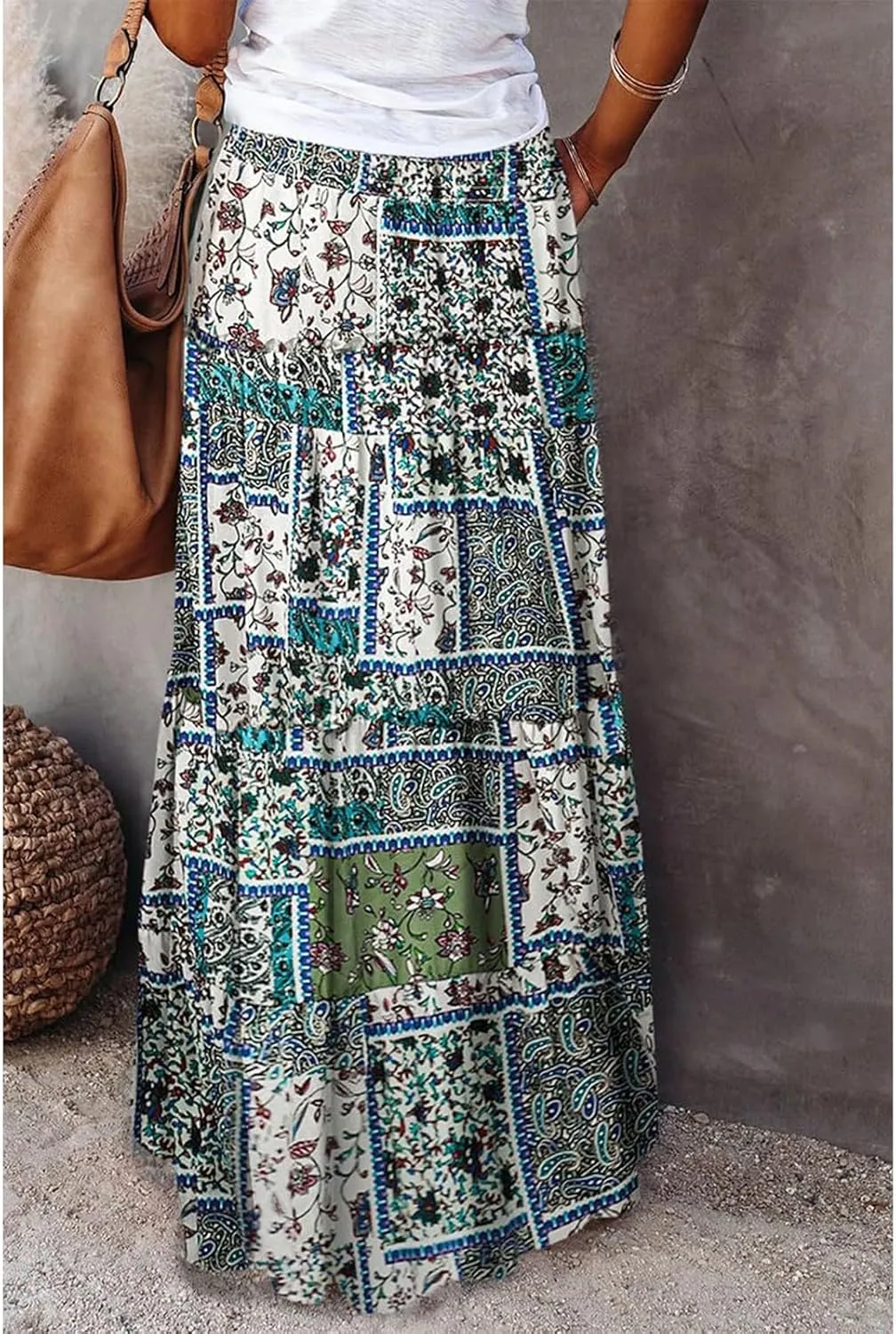 Skirts for Women,Womens Boho Maxi Skirt with Pockets Linen Flowy Long Skirts 2025 Elastic High Waisted Trendy