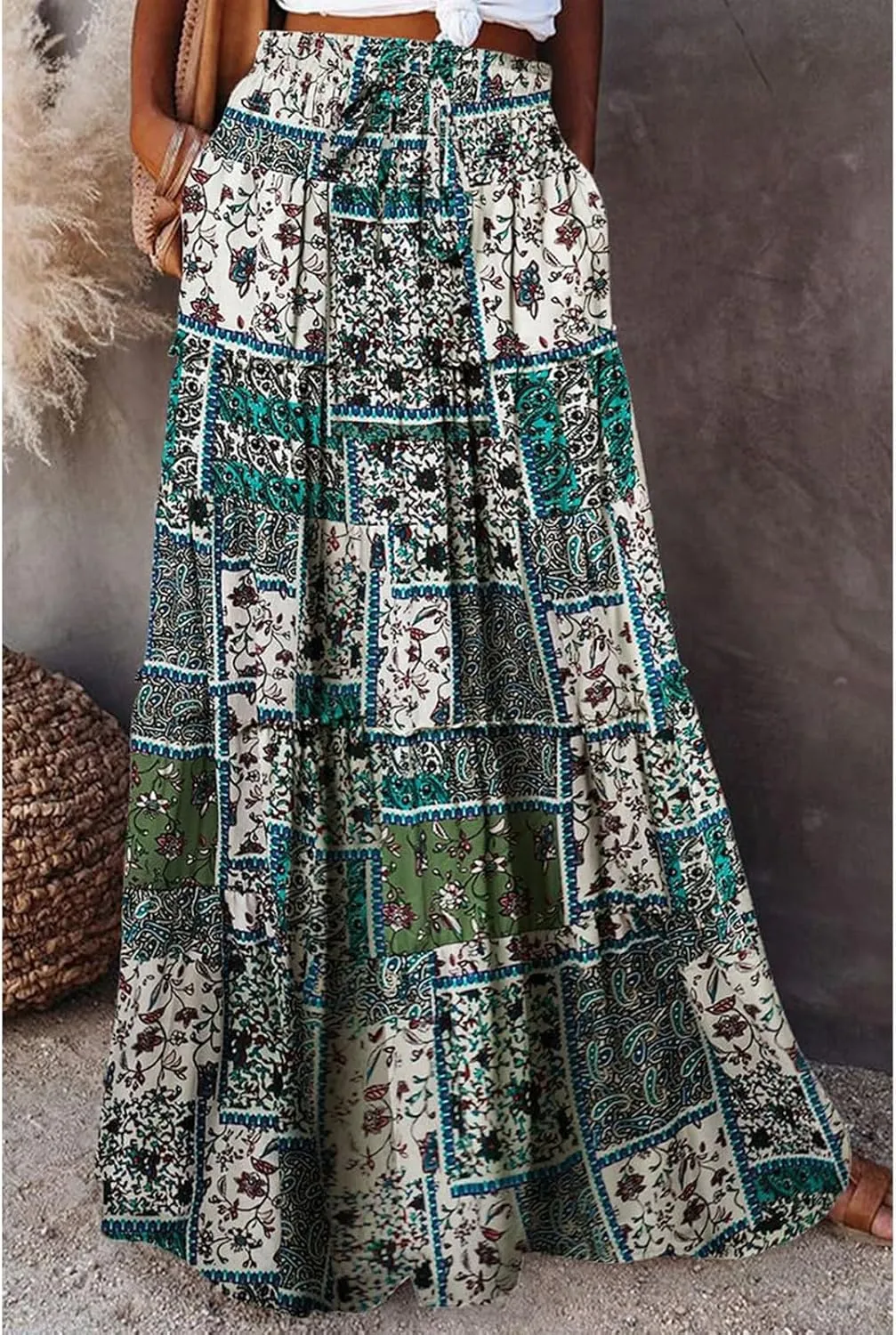 Skirts for Women,Womens Boho Maxi Skirt with Pockets Linen Flowy Long Skirts 2025 Elastic High Waisted Trendy