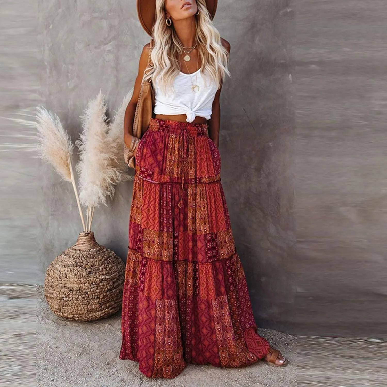 Skirts for Women,Womens Boho Maxi Skirt with Pockets Linen Flowy Long Skirts 2025 Elastic High Waisted Trendy