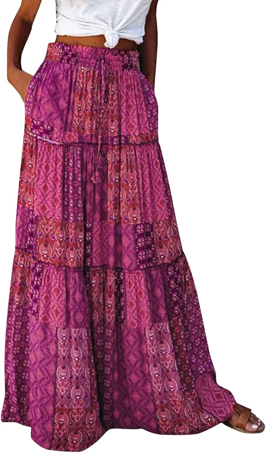 Skirts for Women,Womens Boho Maxi Skirt with Pockets Linen Flowy Long Skirts 2025 Elastic High Waisted Trendy