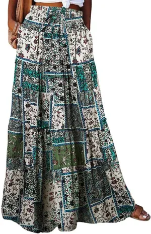 Skirts for Women,Womens Boho Maxi Skirt with Pockets Linen Flowy Long Skirts 2025 Elastic High Waisted Trendy