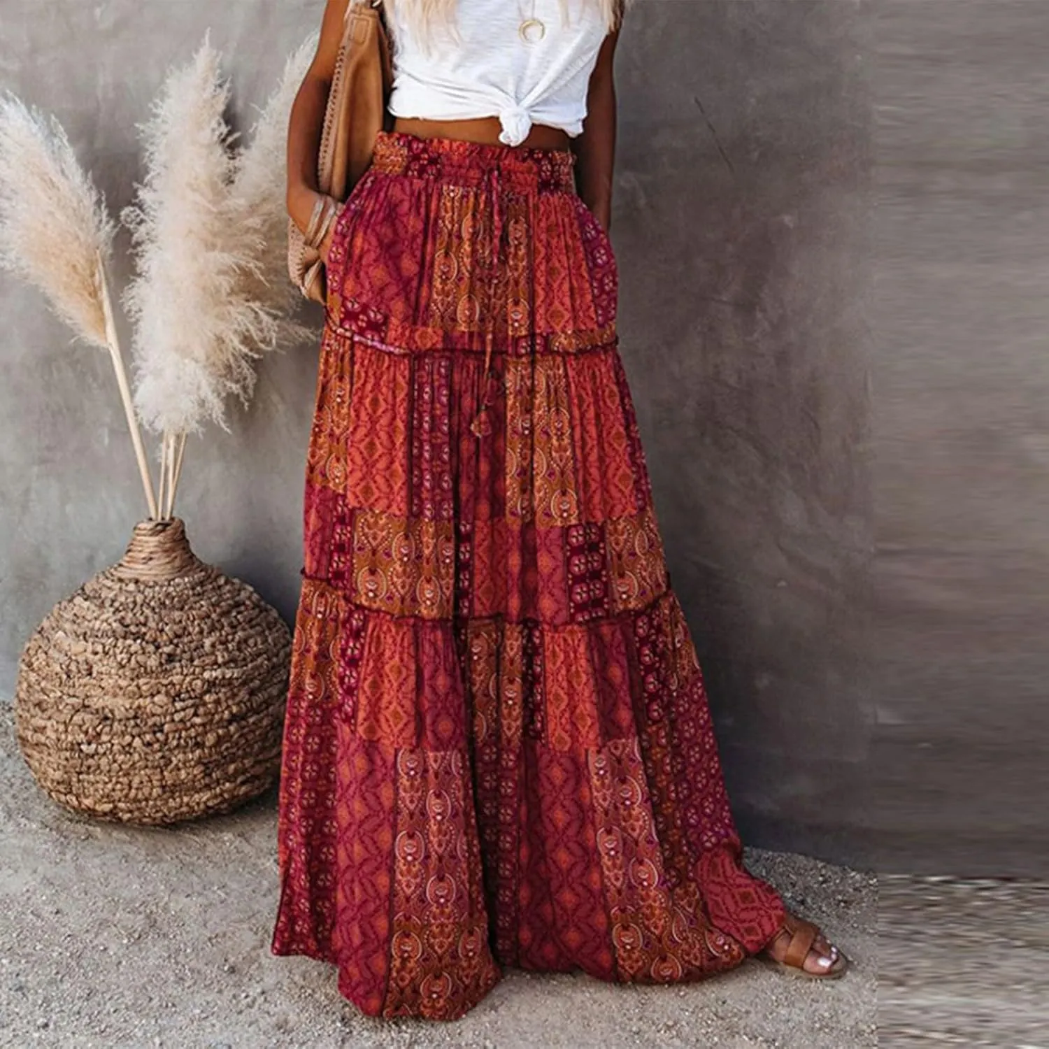 Skirts for Women,Womens Boho Maxi Skirt with Pockets Linen Flowy Long Skirts 2025 Elastic High Waisted Trendy