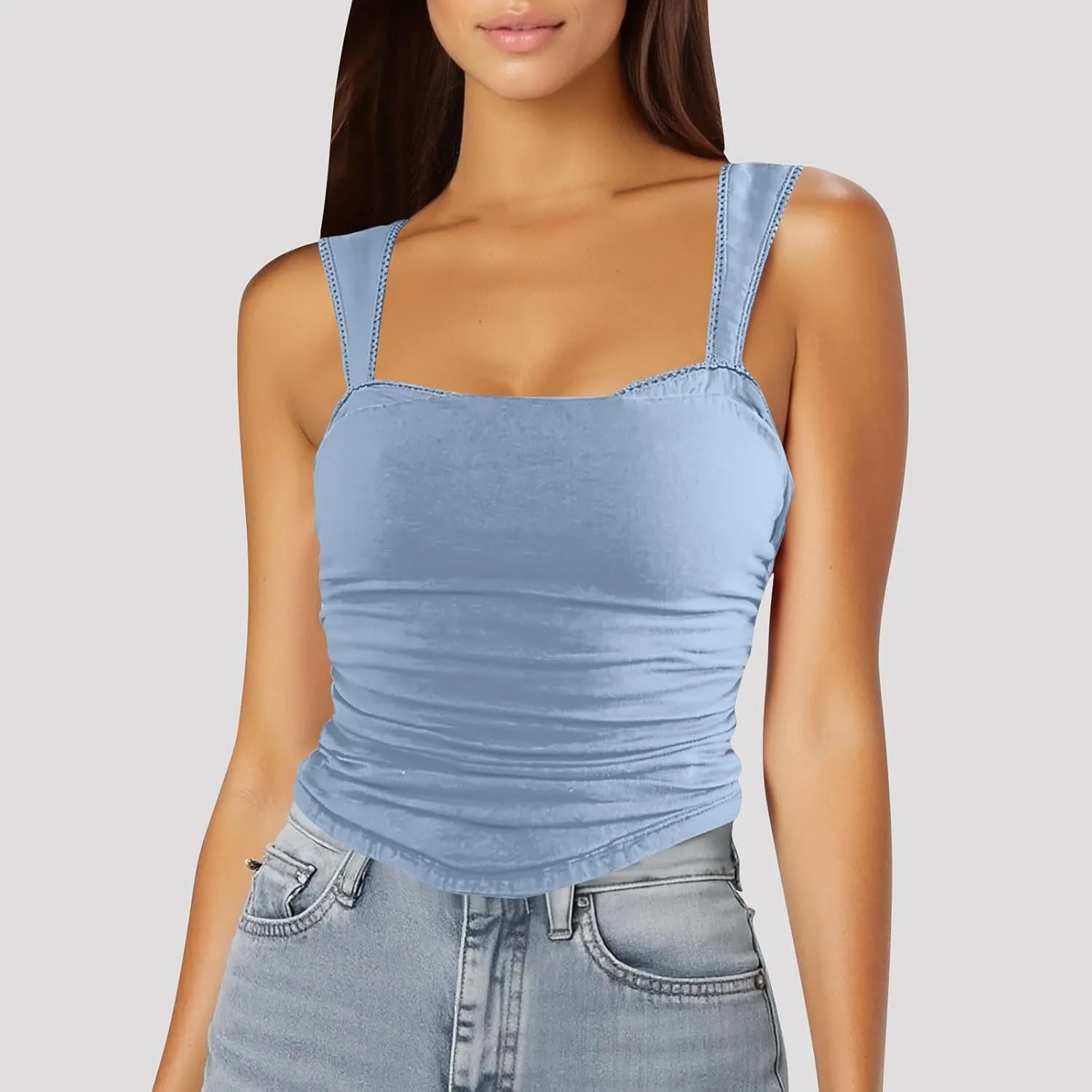 Square Neck Tank Top for Women Ruched Going Out Tops Sleeveless Sexy Summer Tops Cropped Tank Tops