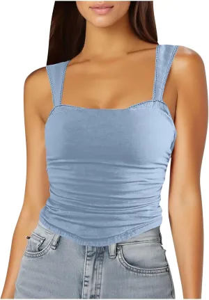 Square Neck Tank Top for Women Ruched Going Out Tops Sleeveless Sexy Summer Tops Cropped Tank Tops