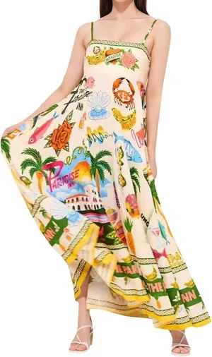 Strapless Maxi Dresses for Women Boho Graffiti Cami Long Dress Colorful Graphic Spaghetti Strap Flowy Tank Sundress