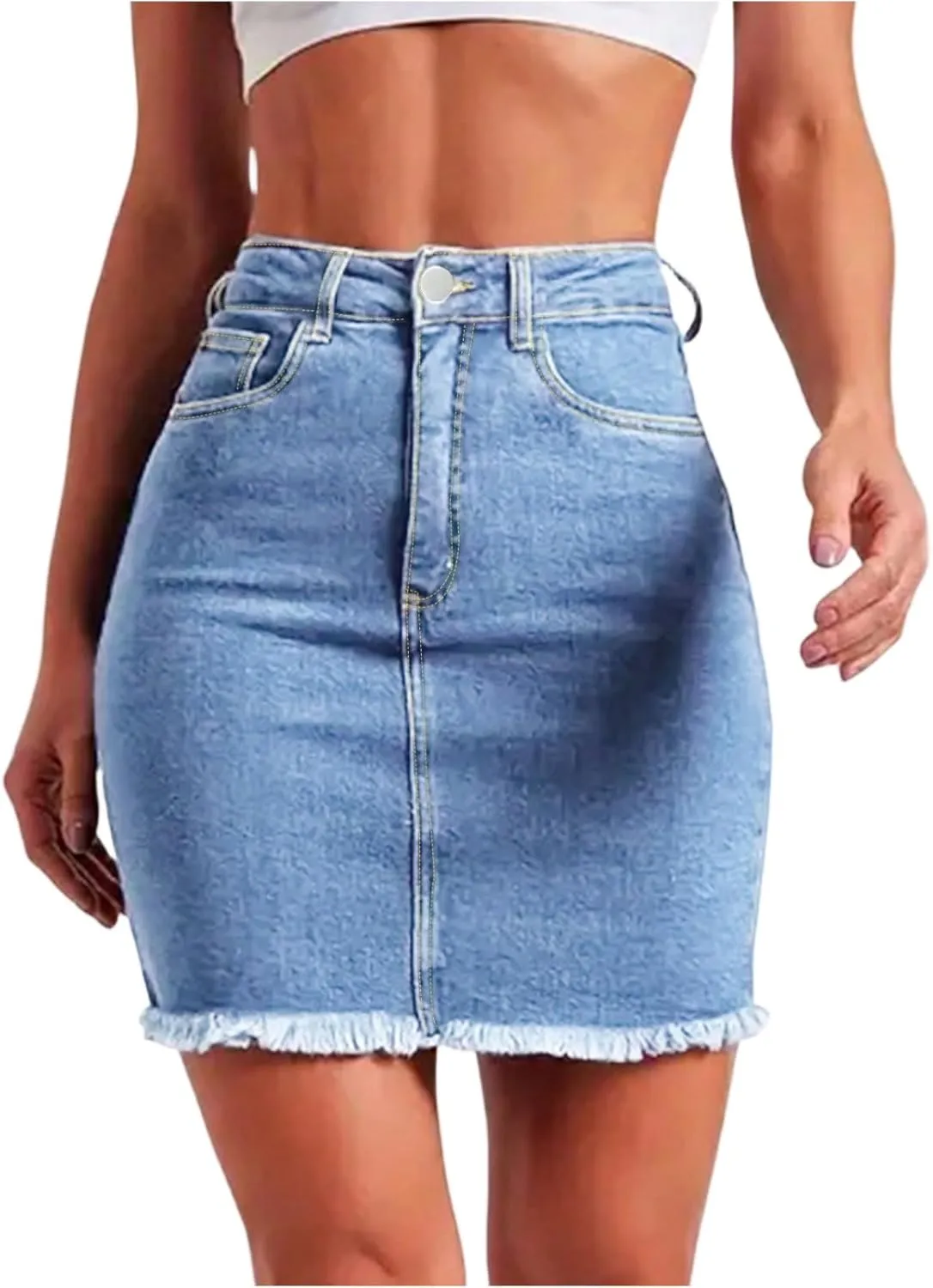 Stretchy Denim Mini Skirts for Women High Waisted Slim Fit Raw Hem Jean Skirt Stretch Bodycon Short Skirt with Pockets