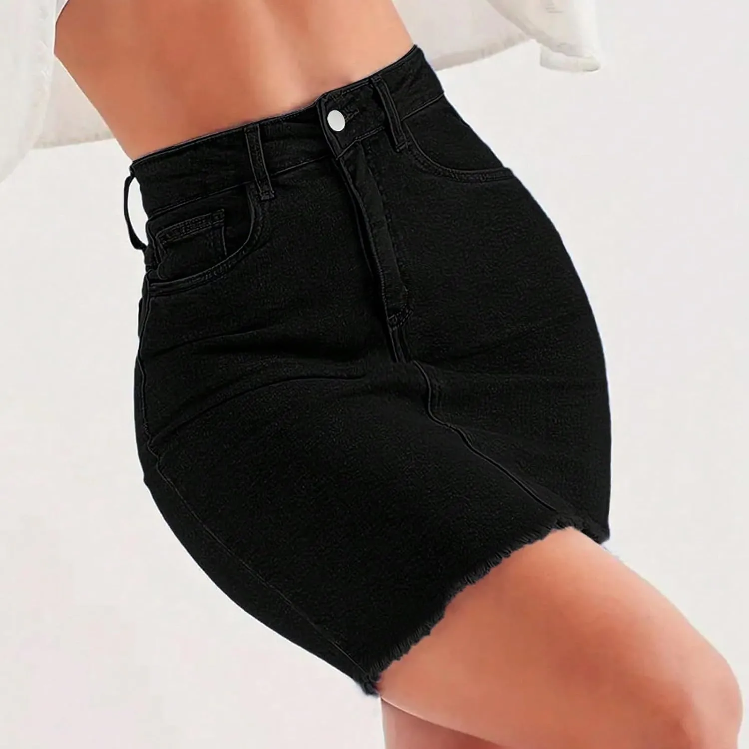 Stretchy Denim Mini Skirts for Women High Waisted Slim Fit Raw Hem Jean Skirt Stretch Bodycon Short Skirt with Pockets