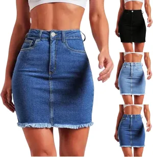 Stretchy Denim Mini Skirts for Women High Waisted Slim Fit Raw Hem Jean Skirt Stretch Bodycon Short Skirt with Pockets