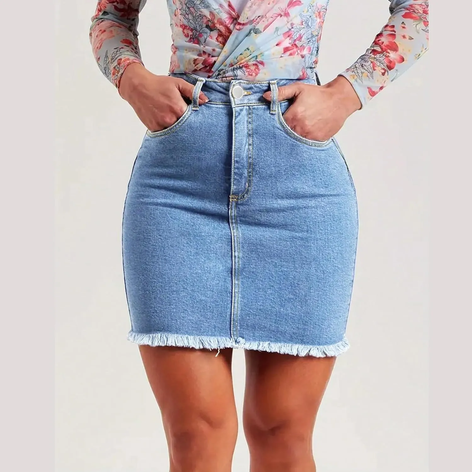 Stretchy Denim Mini Skirts for Women High Waisted Slim Fit Raw Hem Jean Skirt Stretch Bodycon Short Skirt with Pockets