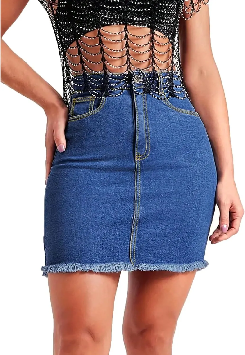 Stretchy Denim Mini Skirts for Women High Waisted Slim Fit Raw Hem Jean Skirt Stretch Bodycon Short Skirt with Pockets