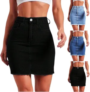 Stretchy Denim Mini Skirts for Women High Waisted Slim Fit Raw Hem Jean Skirt Stretch Bodycon Short Skirt with Pockets
