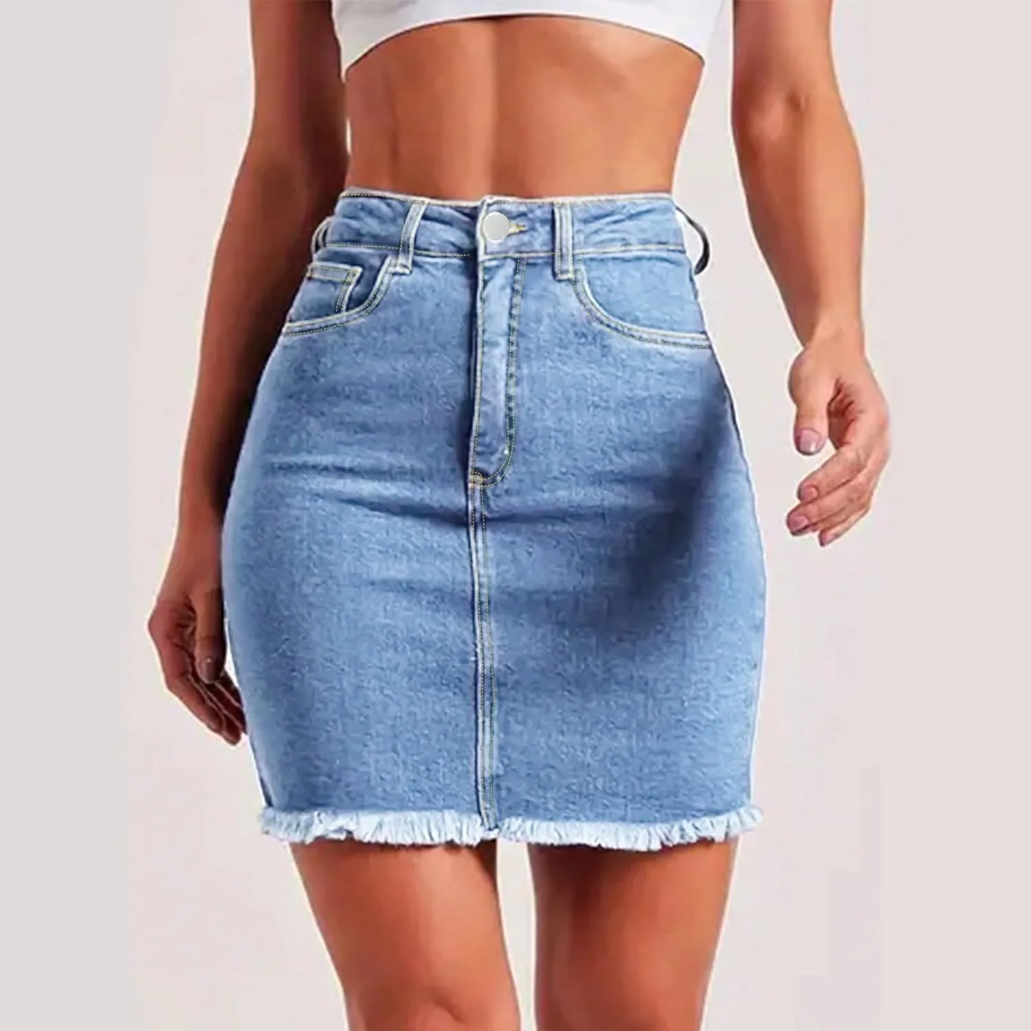 Stretchy Denim Mini Skirts for Women High Waisted Slim Fit Raw Hem Jean Skirt Stretch Bodycon Short Skirt with Pockets
