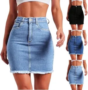 Stretchy Denim Mini Skirts for Women High Waisted Slim Fit Raw Hem Jean Skirt Stretch Bodycon Short Skirt with Pockets
