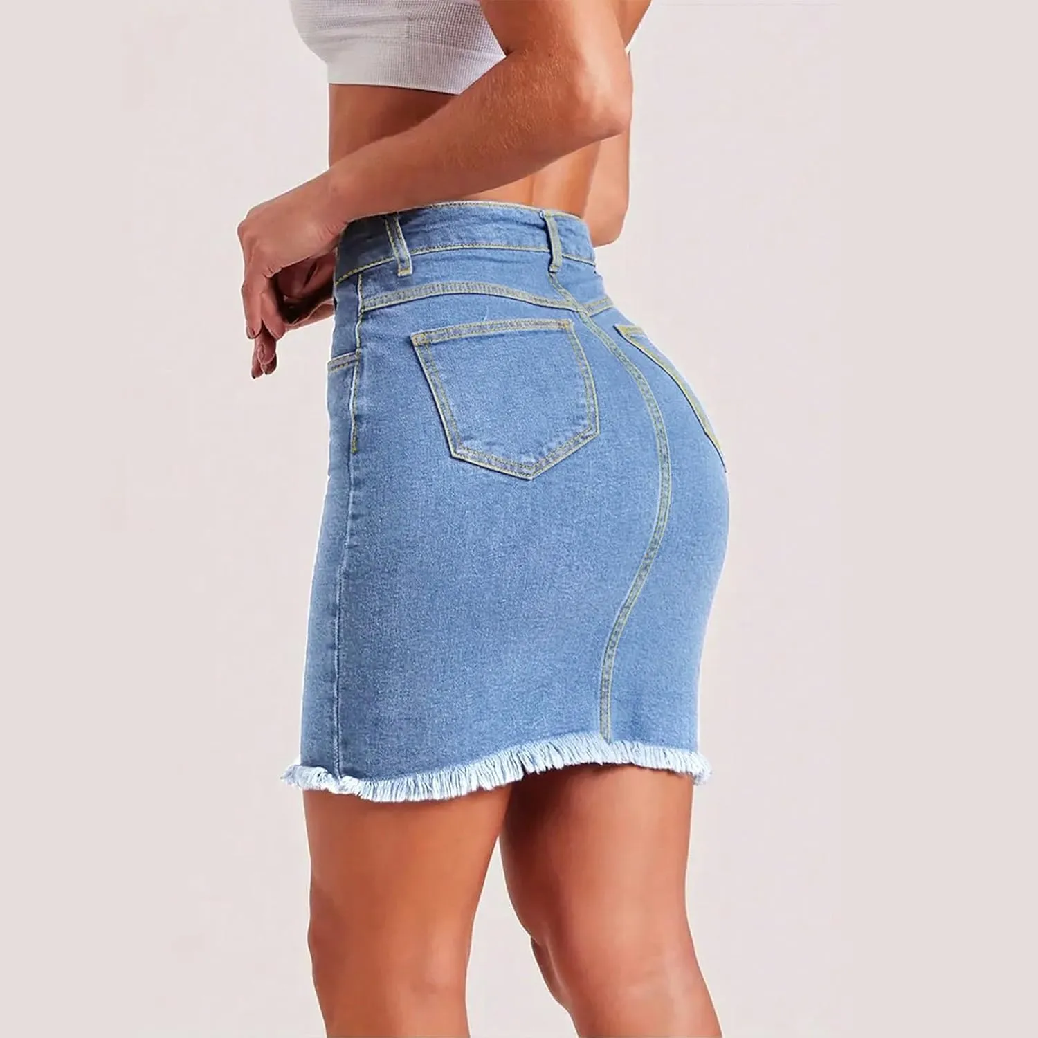 Stretchy Denim Mini Skirts for Women High Waisted Slim Fit Raw Hem Jean Skirt Stretch Bodycon Short Skirt with Pockets