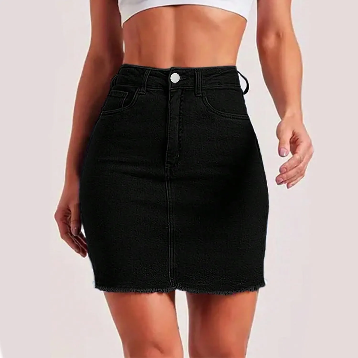Stretchy Denim Mini Skirts for Women High Waisted Slim Fit Raw Hem Jean Skirt Stretch Bodycon Short Skirt with Pockets