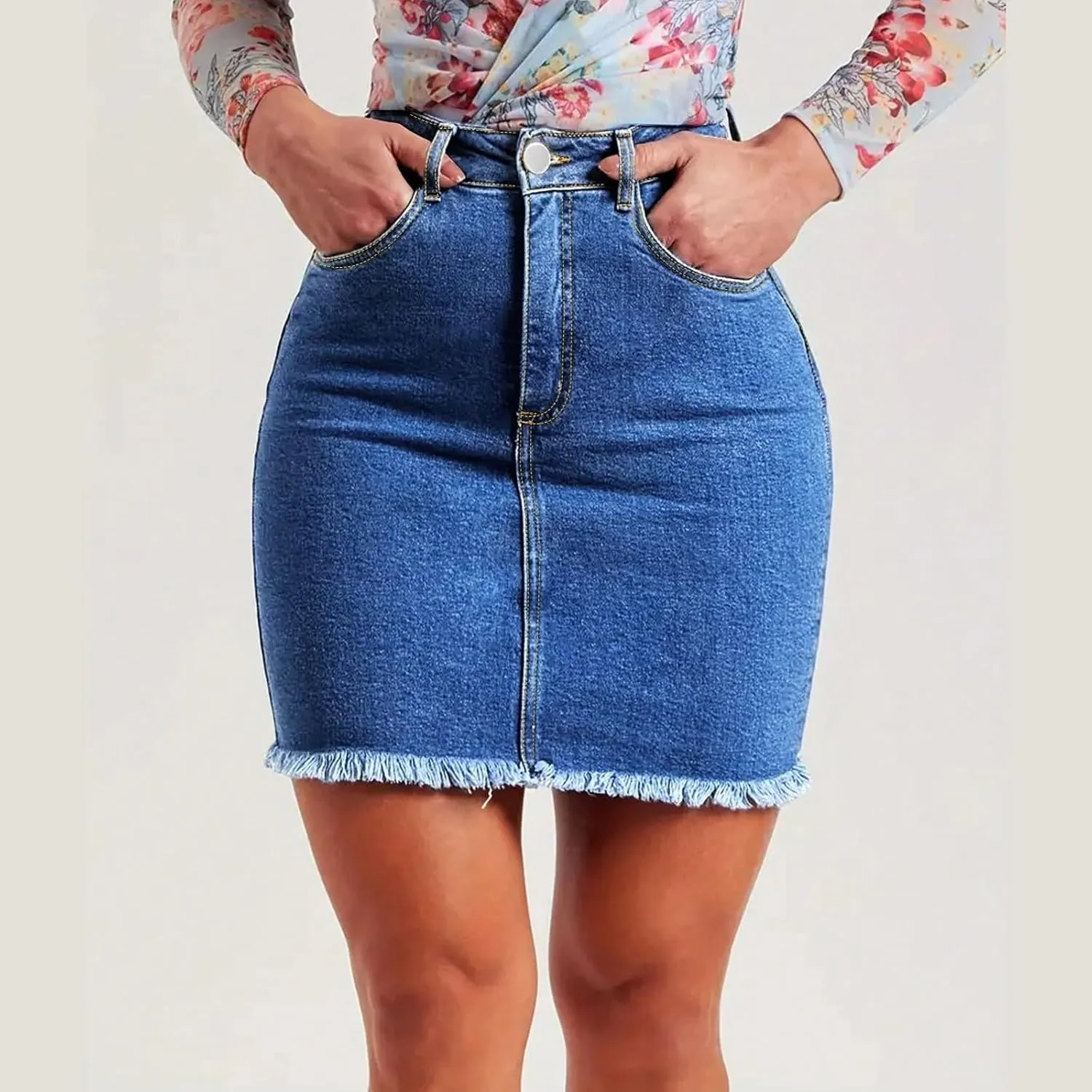 Stretchy Denim Mini Skirts for Women High Waisted Slim Fit Raw Hem Jean Skirt Stretch Bodycon Short Skirt with Pockets