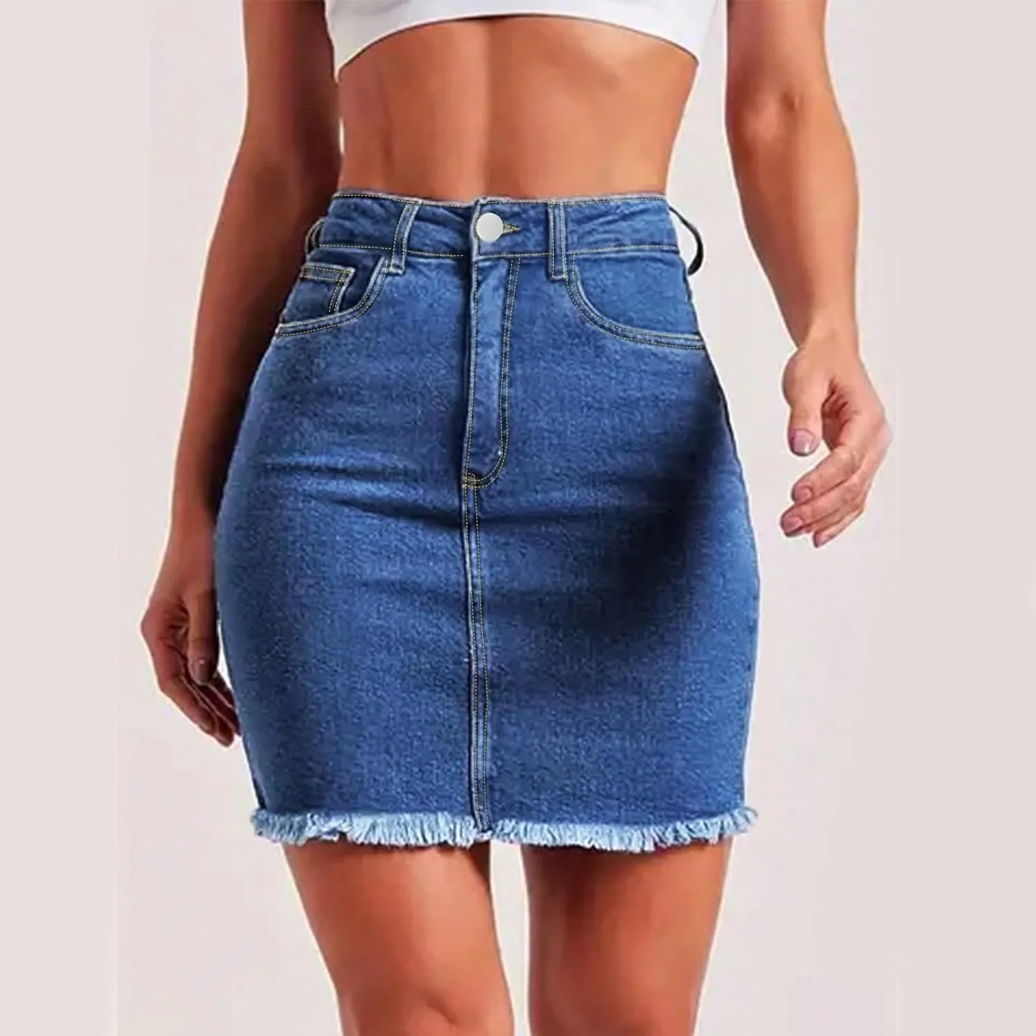 Stretchy Denim Mini Skirts for Women High Waisted Slim Fit Raw Hem Jean Skirt Stretch Bodycon Short Skirt with Pockets