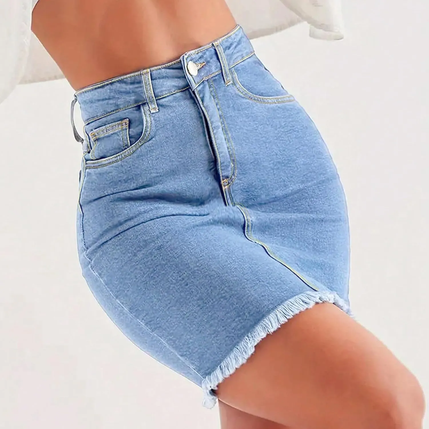 Stretchy Denim Mini Skirts for Women High Waisted Slim Fit Raw Hem Jean Skirt Stretch Bodycon Short Skirt with Pockets
