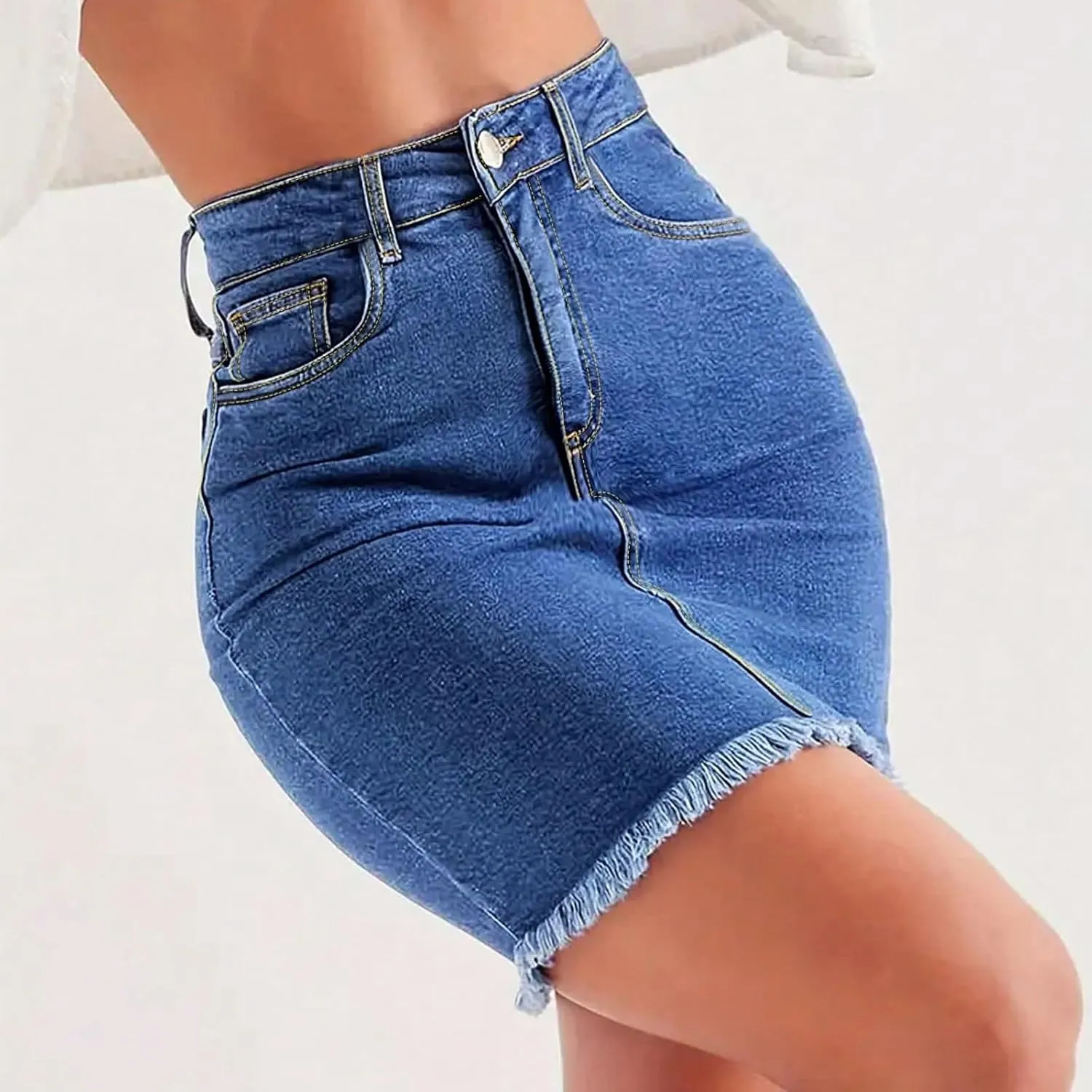 Stretchy Denim Mini Skirts for Women High Waisted Slim Fit Raw Hem Jean Skirt Stretch Bodycon Short Skirt with Pockets