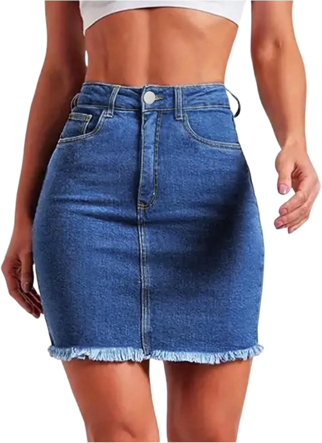 Stretchy Denim Mini Skirts for Women High Waisted Slim Fit Raw Hem Jean Skirt Stretch Bodycon Short Skirt with Pockets