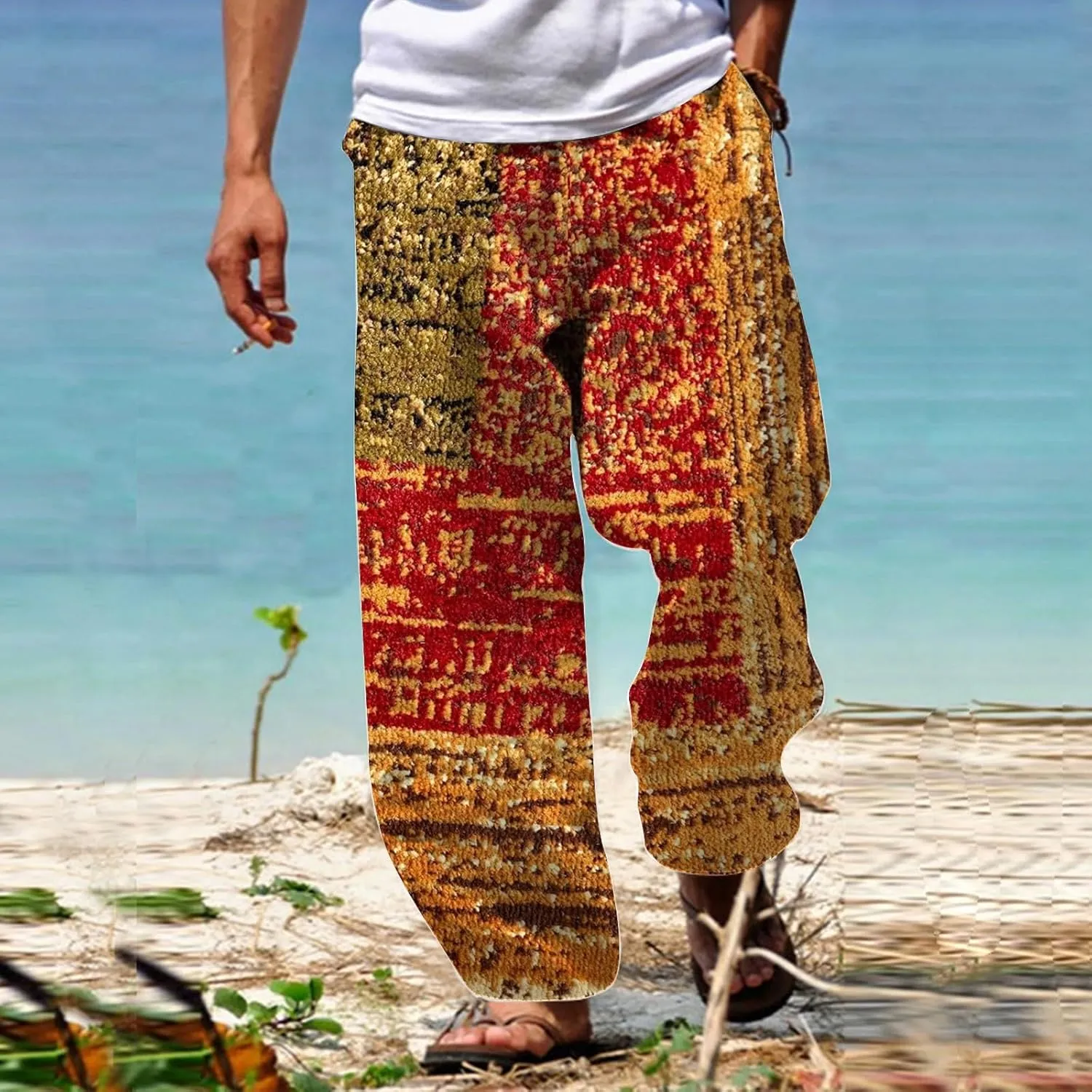 Summer Baggy Boho Pants for Men Hippie Casual Wide Leg Harem Pants Elastic Waist Contrast Beach Yoga Hawaiian Pant