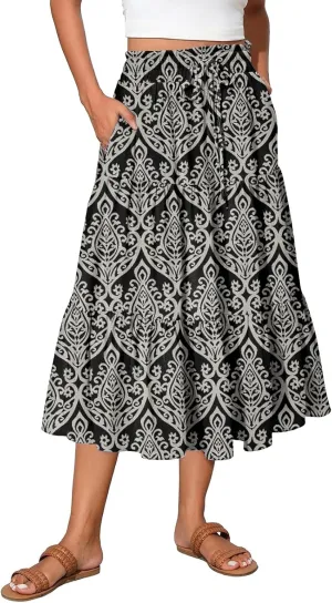 Summer Boho Floral Midi Skirt for Women Comfy Tiered Elastic High Waisted Vacation A-Line Flowy Swing Long