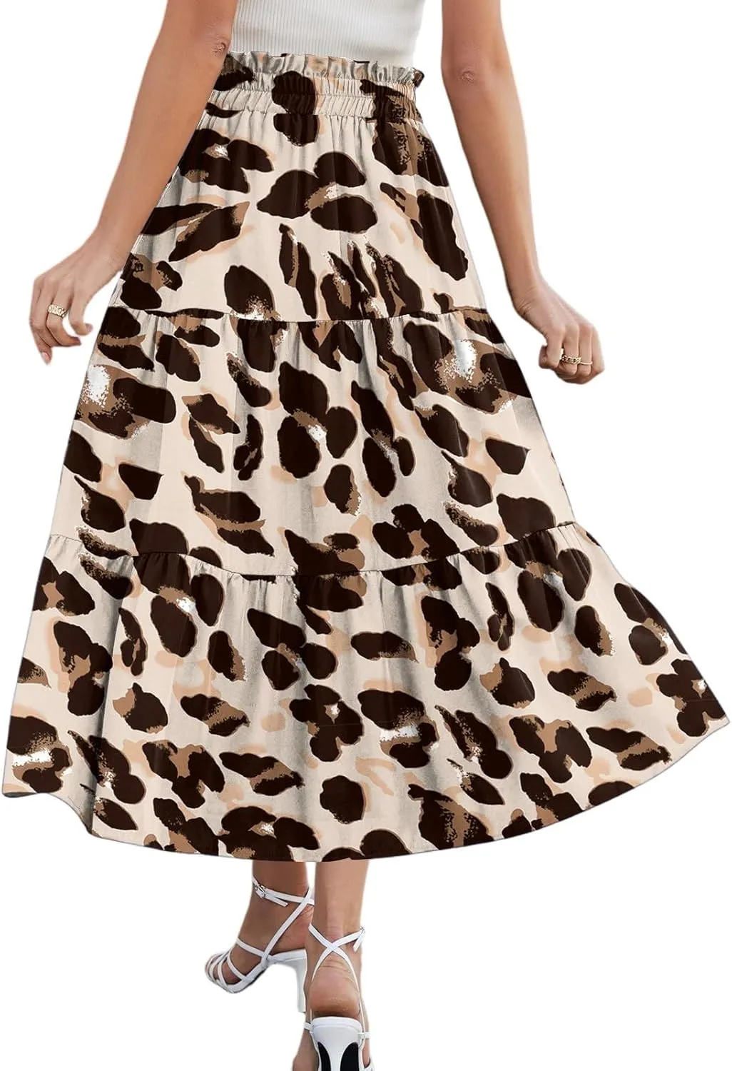 Summer Boho Floral Midi Skirt for Women Comfy Tiered Elastic High Waisted Vacation A-Line Flowy Swing Long