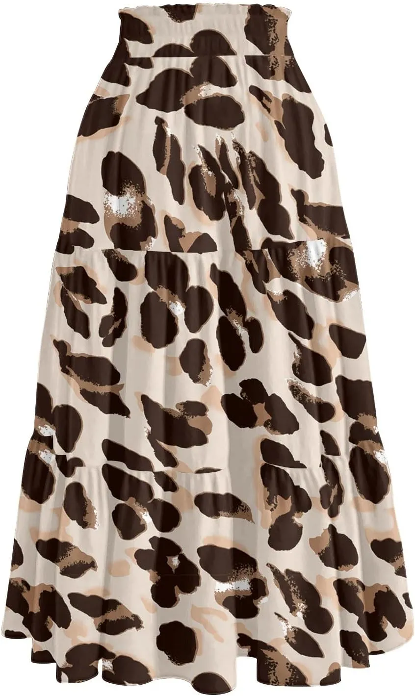 Summer Boho Floral Midi Skirt for Women Comfy Tiered Elastic High Waisted Vacation A-Line Flowy Swing Long
