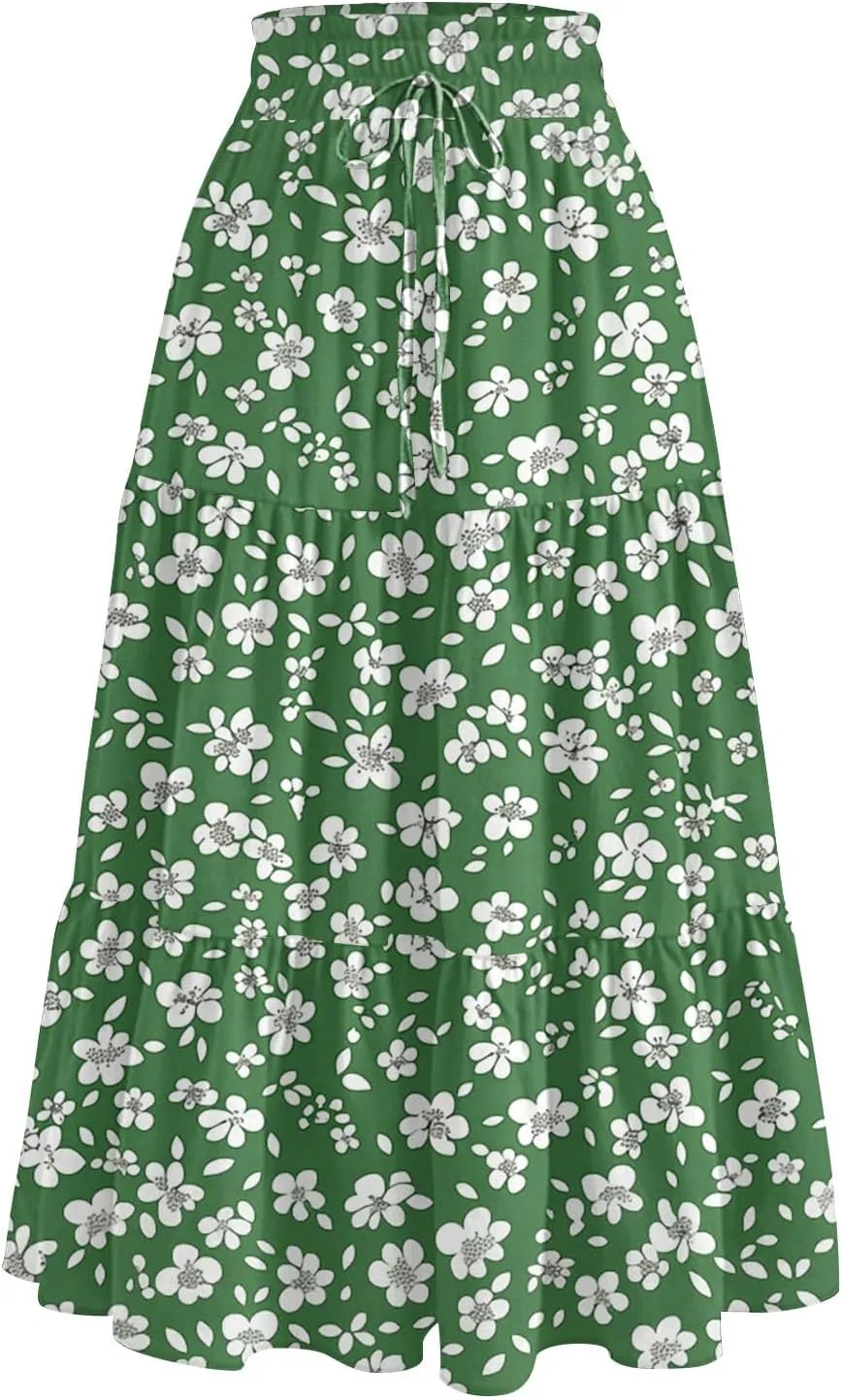 Summer Boho Floral Midi Skirt for Women Comfy Tiered Elastic High Waisted Vacation A-Line Flowy Swing Long