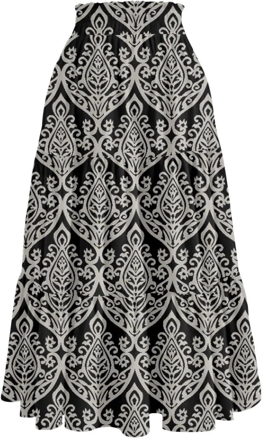 Summer Boho Floral Midi Skirt for Women Comfy Tiered Elastic High Waisted Vacation A-Line Flowy Swing Long