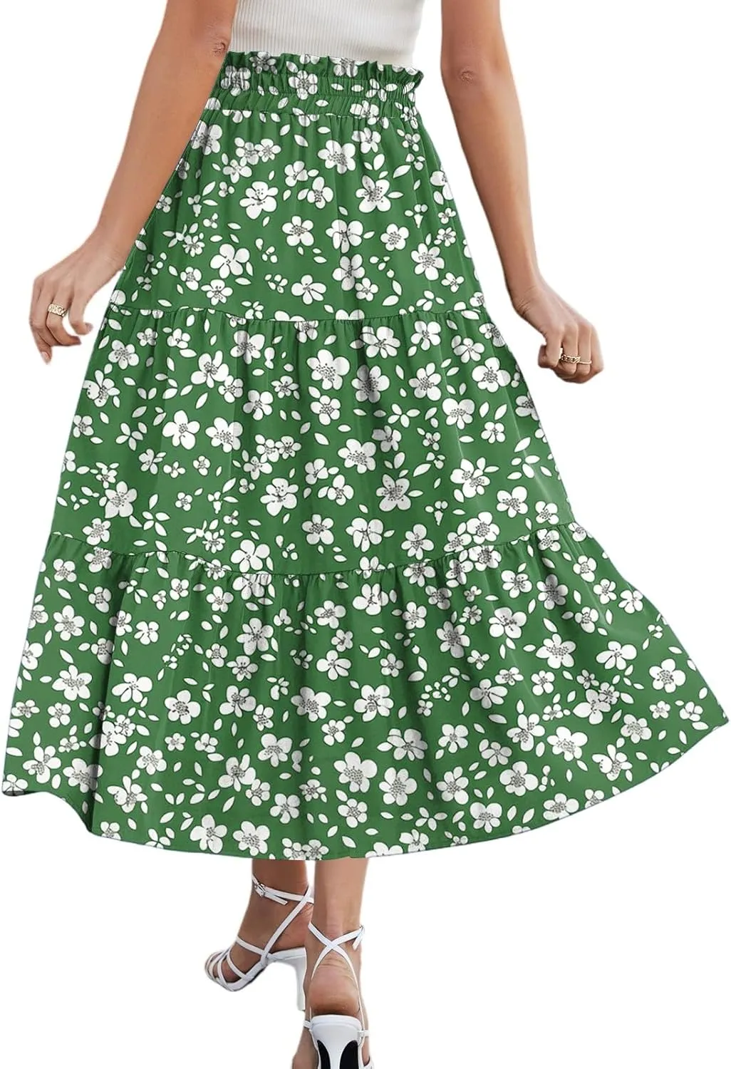 Summer Boho Floral Midi Skirt for Women Comfy Tiered Elastic High Waisted Vacation A-Line Flowy Swing Long