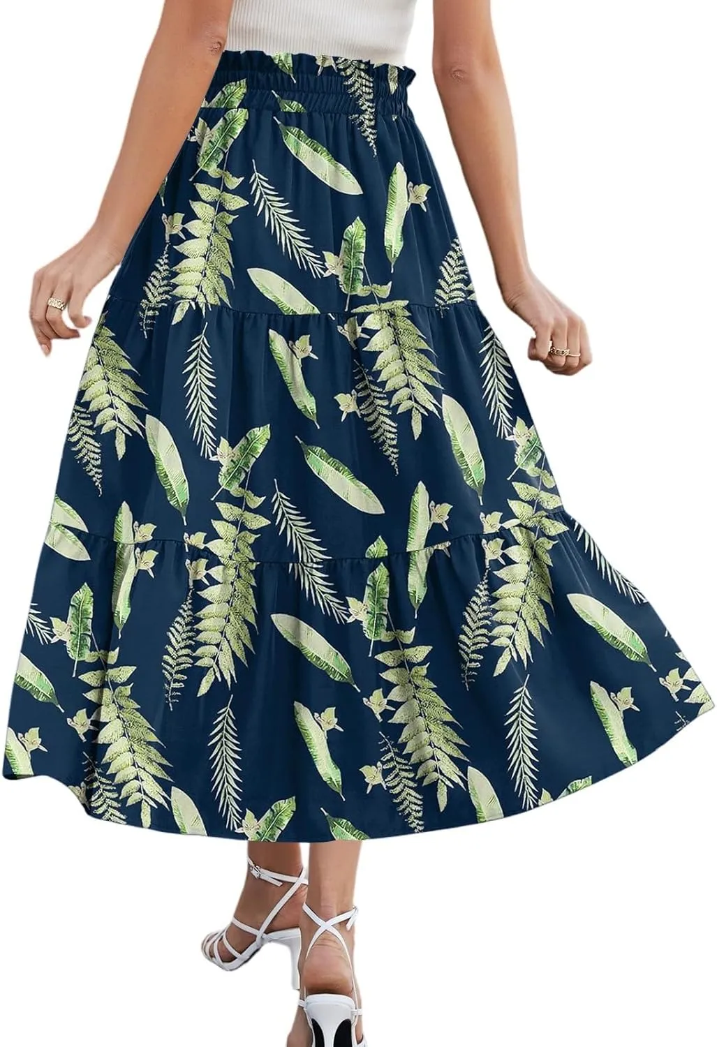Summer Boho Floral Midi Skirt for Women Comfy Tiered Elastic High Waisted Vacation A-Line Flowy Swing Long