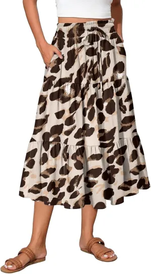 Summer Boho Floral Midi Skirt for Women Comfy Tiered Elastic High Waisted Vacation A-Line Flowy Swing Long