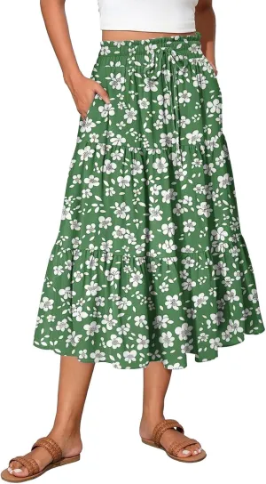 Summer Boho Floral Midi Skirt for Women Comfy Tiered Elastic High Waisted Vacation A-Line Flowy Swing Long