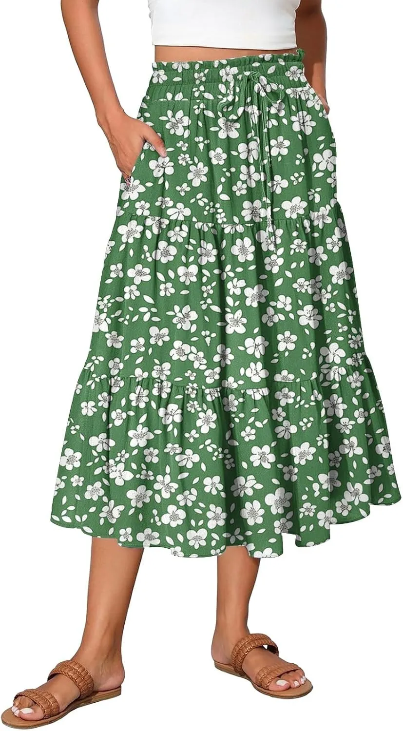 Summer Boho Floral Midi Skirt for Women Comfy Tiered Elastic High Waisted Vacation A-Line Flowy Swing Long