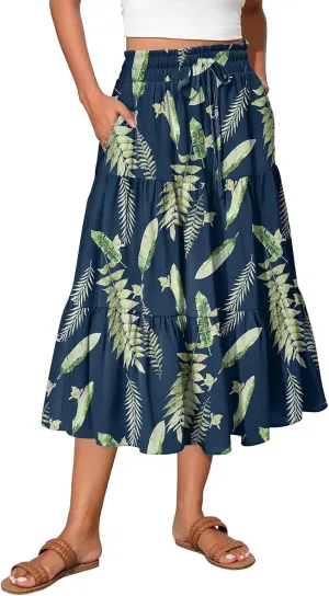 Summer Boho Floral Midi Skirt for Women Comfy Tiered Elastic High Waisted Vacation A-Line Flowy Swing Long
