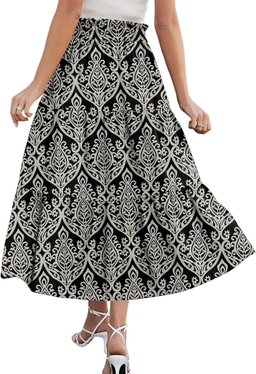 Summer Boho Floral Midi Skirt for Women Comfy Tiered Elastic High Waisted Vacation A-Line Flowy Swing Long
